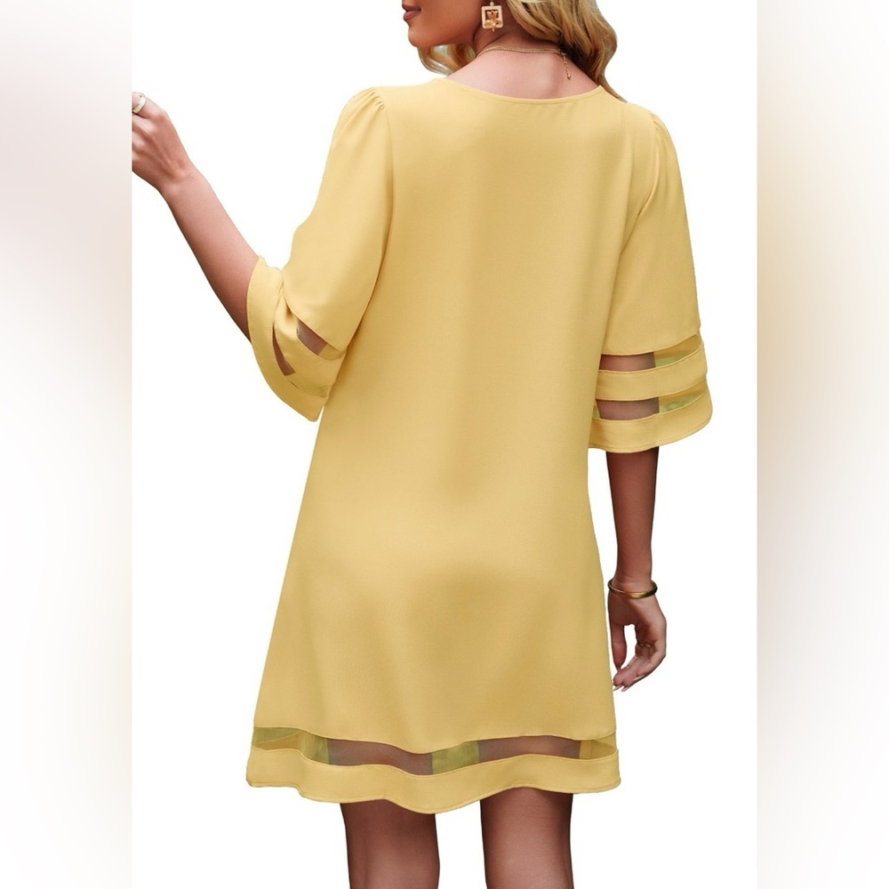 Women's Casual Knee Length Crewneck Mesh Panel Loose Dress in Desert Dust - Picture 4 of 9